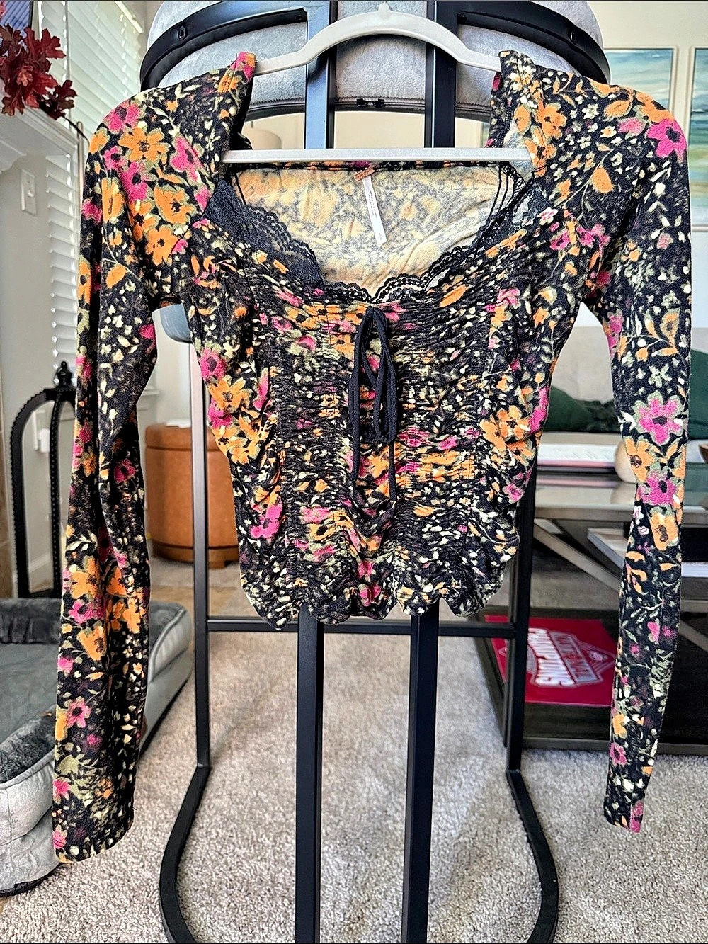 Free People Floral Ruched Long Sleeve Top Black & Orange Small